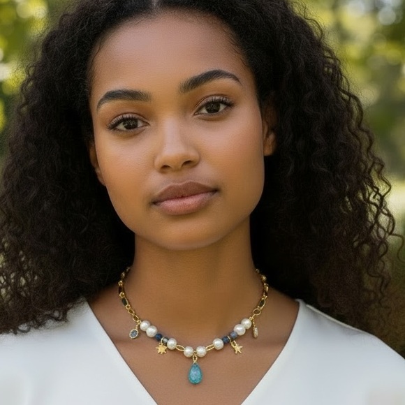 Coastal Charm Necklace – Pearls, Blue Gems & Gold - Picture 5 of 5